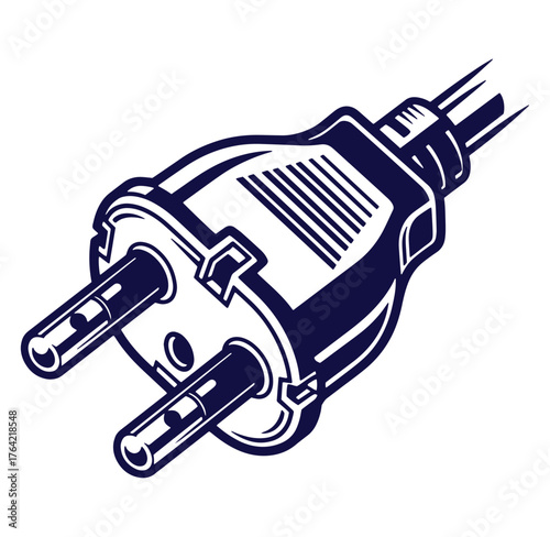 Detailed dark blue and white illustration of an electrical plug isolated on a white background