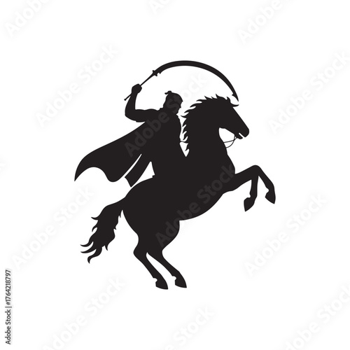 dynamic vector silhouette of a warrior horseman with a sword and cape on a rearing stallion.