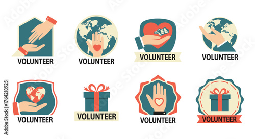 A collection of volunteer-themed vector graphics featuring hands, hearts, globes, and gift boxes, perfect for charitable organizations and community outreach.