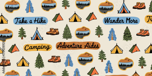 Whimsical hand drawn camping and hiking adventure pattern with motivational phrases