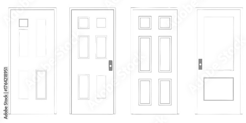 Collection of four different interior and exterior door designs with panels and hardware variations