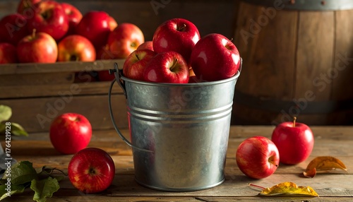 Harvested red apples filling a bucket and crate on wooden surface