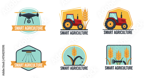 A collection of smart agriculture logos featuring drones, tractors, and irrigation systems, showcasing modern farming technology and innovation in crop production.