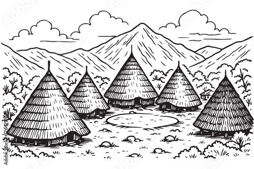 A minimalist black and white vector capturing the calm beauty of Wae Rebo’s traditional mountain village, expressing peaceful rural life and the purity of timeless nature.