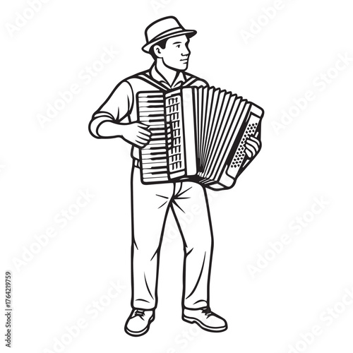 A black and white vector of a man peacefully playing an accordion, capturing the calm rhythm, soulful melody, and quiet beauty of music expressed through simple graceful lines.