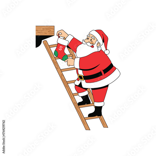 Santa claus climbing ladder towards chimney carrying christmas gift bag festive holiday scene vector Christmas
