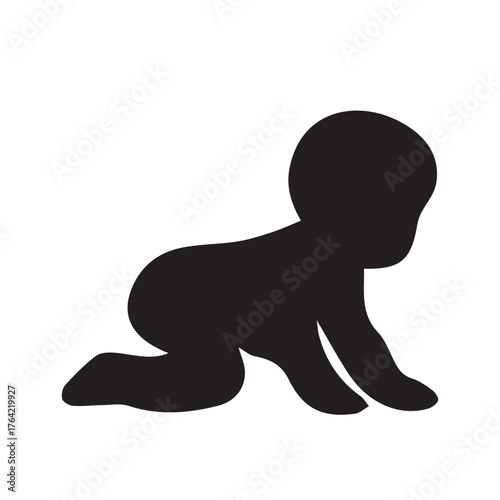 A simple black and white vector silhouette depicting a baby crawling, beautifully portraying curiosity, purity, and the gentle energy of early life stages.
