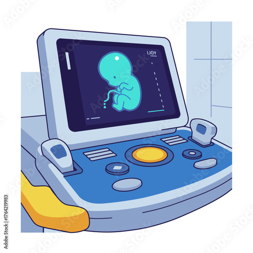 A modern medical ultrasound machine displays a clear image of a developing human fetus, symbolizing prenatal care and the miracle of life.