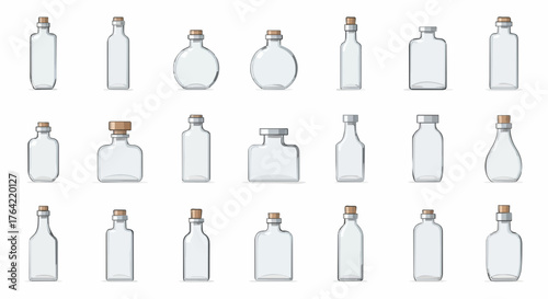 Assortment of realistic empty clear glass bottles in various shapes and sizes. Vector set of containers for drinks, alcohol, or magic potions
