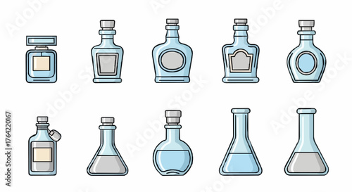 Bottles Icon Set Elegant Designs for Beverages, Perfumes, and Laboratory Elements