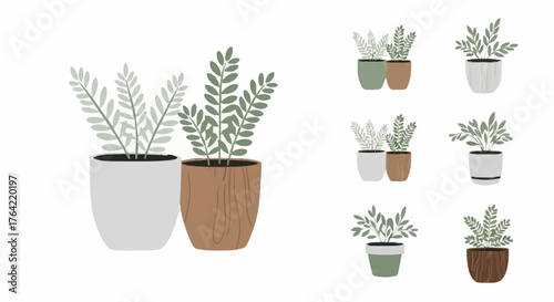 Collection of stylized potted indoor plants with lush green foliage, presented in a modern flat vector illustration style, ideal for botanical designs and home decor projects
