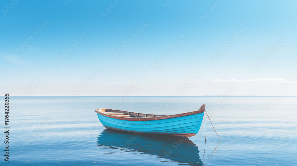 Naklejka premium Wooden fishing boat floating on calm blue sea