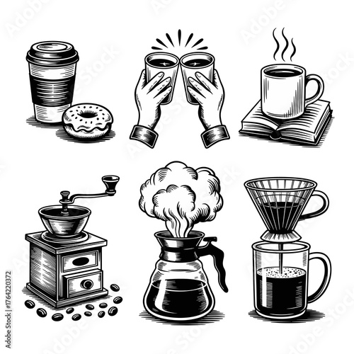 Set of Vintage Engraving Coffee Icons Featuring Grinder, Pour Over Drip, Takeaway Cup, Mugs, Hands Clinking, and a Donut in a Black and White Retro Style