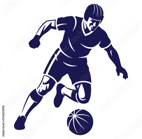 Silhouette of a soccer player dribbling the ball in a dynamic action pose isolated