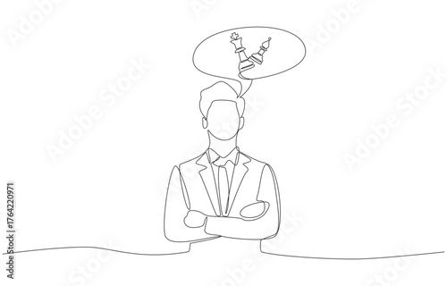 One line drawing of businessman in thinking pose looking at thought bubble of checkmate chess piece, symbolizing planning, leadership, and strategic decision making in business, single line art