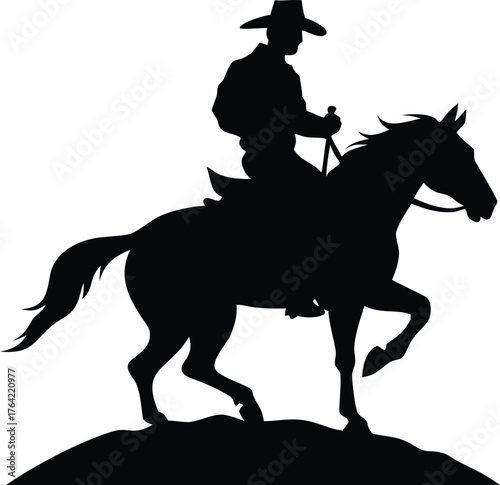 Black vector silhouette of a horse rider on a running stallion for equestrian sport illustration