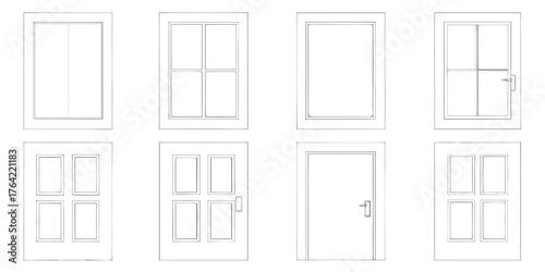Collection of hand drawn line art illustrations of various doors and windows designs