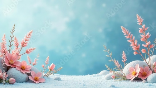 Delicate pink blossoms emerge from smooth stones against a softly blurred backdrop evoking tranquil skies and the gentle embrace of nature's beauty