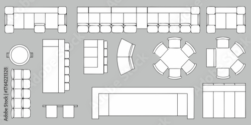 Top view furniture layout plan with sofas chairs dining tables and sectional seating arrangements
