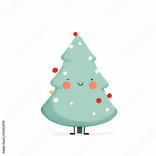 A whimsical illustration of a cute Christmas tree character It’s pastel green adorned with red and white baubles and has a cheerful smiling face