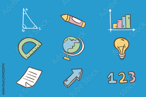 A collection of colorful hand-drawn educational icons including math tools, a globe, a lightbulb, and school supplies on a blue background.
