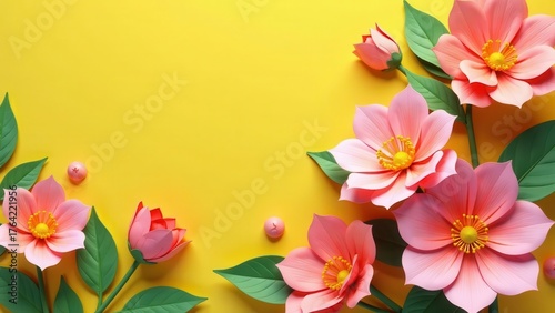 Delicate pink blossoms with vibrant yellow centers are artfully arranged against a bright, cheerful yellow backdrop
