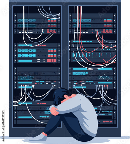 A man sits with his knees hugged to a cold server rack. A symbol of dependence on the digital era, of uselessness, and of the shadow of the "leaving employee."