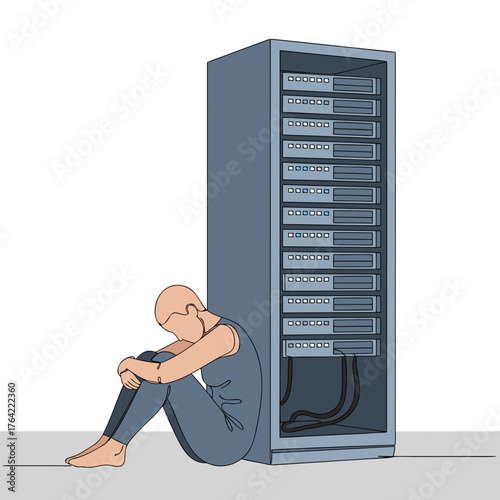 A man sits with his knees hugged to a cold server rack. A symbol of dependence on the digital era, of uselessness, and of the shadow of the "leaving employee."