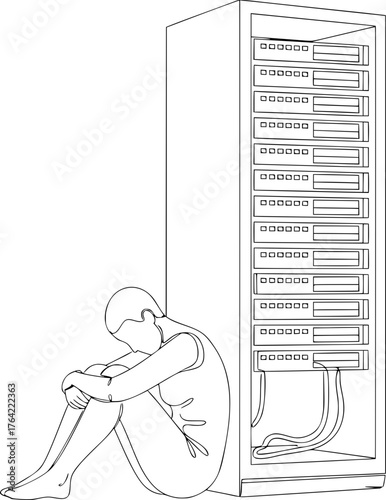 A man sits with his knees hugged to a cold server rack. A symbol of dependence on the digital era, of uselessness, and of the shadow of the "leaving employee."