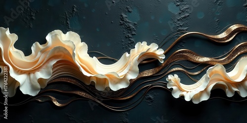 Elegant Creamy Petal Forms Flowing Amidst Textured Dark Background with Gleaming Golden Ribbons