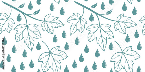 Seamless leaf and raindrop pattern in a simple botanical line art design. Nature inspired wallpaper for fabric, wrapping, and home Modern rainy season pattern on a white background.