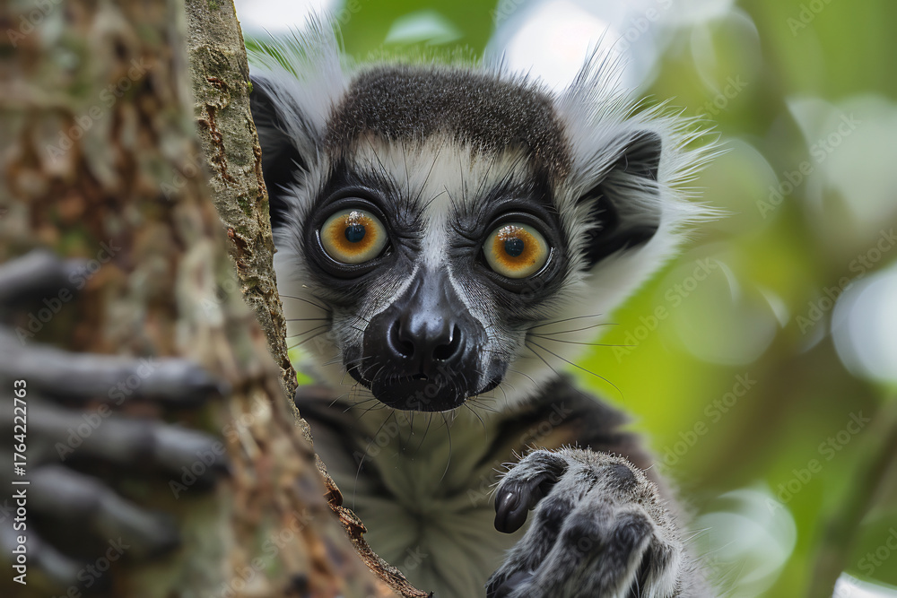 Obraz premium Captivating Close-Up of a Ring-Tailed Lemur's Face with Striking Orange Eyes Peeking from Behind a Tree Trunk in its Natural Habitat