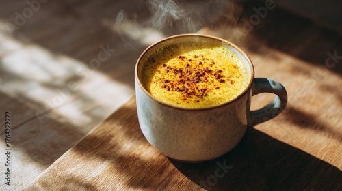 a steaming mug of a golden turmeric latte on a wooden table