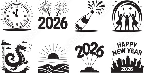 2026 New Year Celebration Icon Set with Clock, Fireworks, Champagne, People, Dragon, Sunrise, Balloons