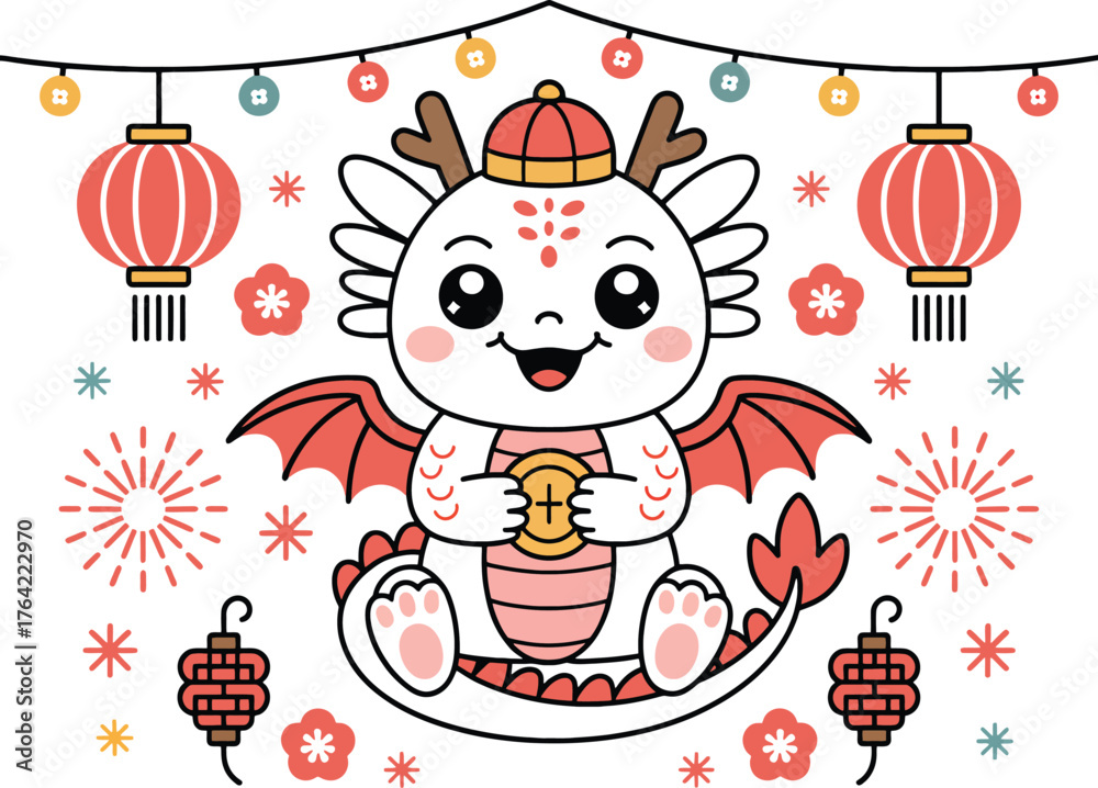 Obraz premium Cute Dragon Character for Lunar New Year 2026 with Lanterns and Fireworks