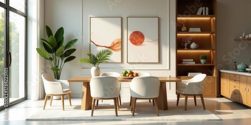 Wallpaper Mural A modern dining area featuring a wooden table and chairs, abundant natural light, and contemporary artwork accentuating the room's aesthetic appeal Torontodigital.ca