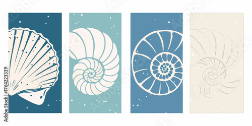 Set of four minimalist abstract seashell and nautilus shell illustrations in calming ocean blues and sandy beige tones
