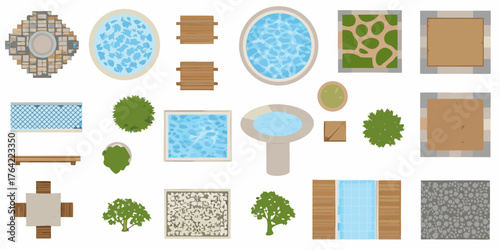 Top down view collection of garden elements including pools fountains trees and paving materials