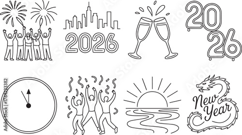 New Year 2026 Celebration Outlines Set People Fireworks Champagne Cityscape Countdown Dragon