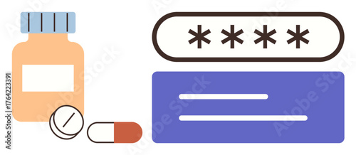 Medication bottle, pills, capsule paired with a password entry field concept. Ideal for healthcare security, medical technology, data protection, authentication, access control, trust simple flat