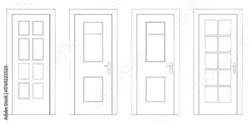 Collection of four different interior door designs with panels and glass inserts in a simple line drawing style