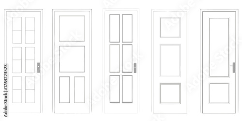 Collection of five different styles of interior doors with paneling and door knobs