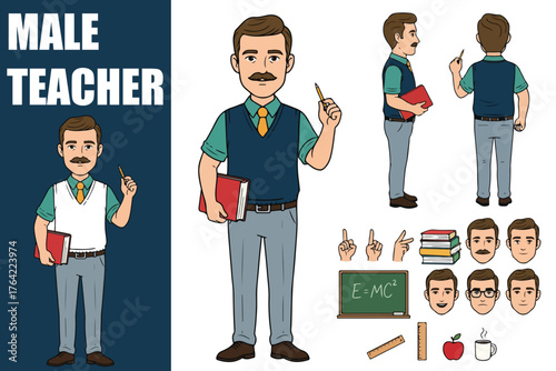 Male Teacher at School Board Character Constructor. Front, Side, Back View Set with Body Parts, Postures, and Poses for Animation. Vector Illustration.