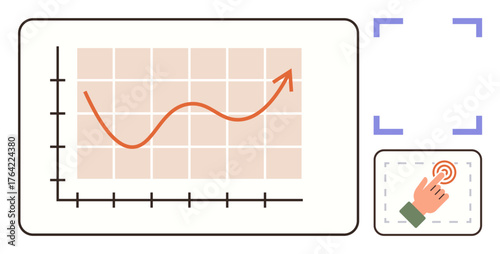 Rising trendline on grid chart with upward arrow and interactive hand icon. Ideal for analytics, data growth, business strategy, digital tools, performance trends, innovation, simple flat metaphor