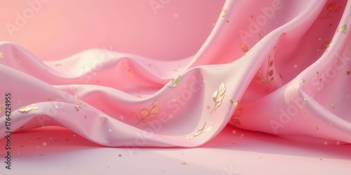 Soft pink textile with delicate golden leaf embellishments and subtle shimmering particles creating an elegant and flowing texture