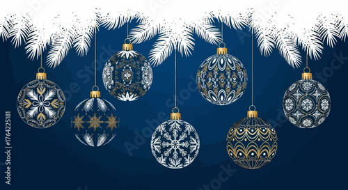 Elegant Christmas Ornaments Hanging on Snowy Branch for Festive Decoration