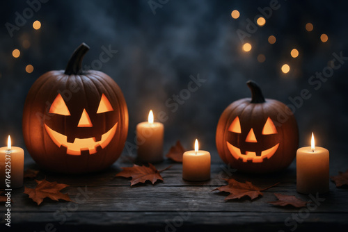 Carved pumpkins with glowing candles create cozy Halloween ambiance on wooden table with autumn leaves