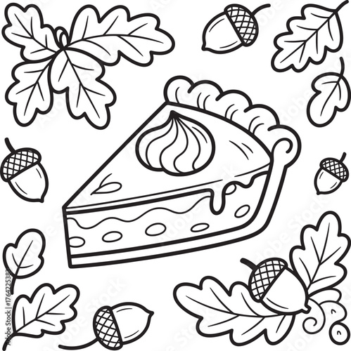 Slice of pumpkin pie with whipped cream and oak leaves autumn illustration line art royalty free premium quality