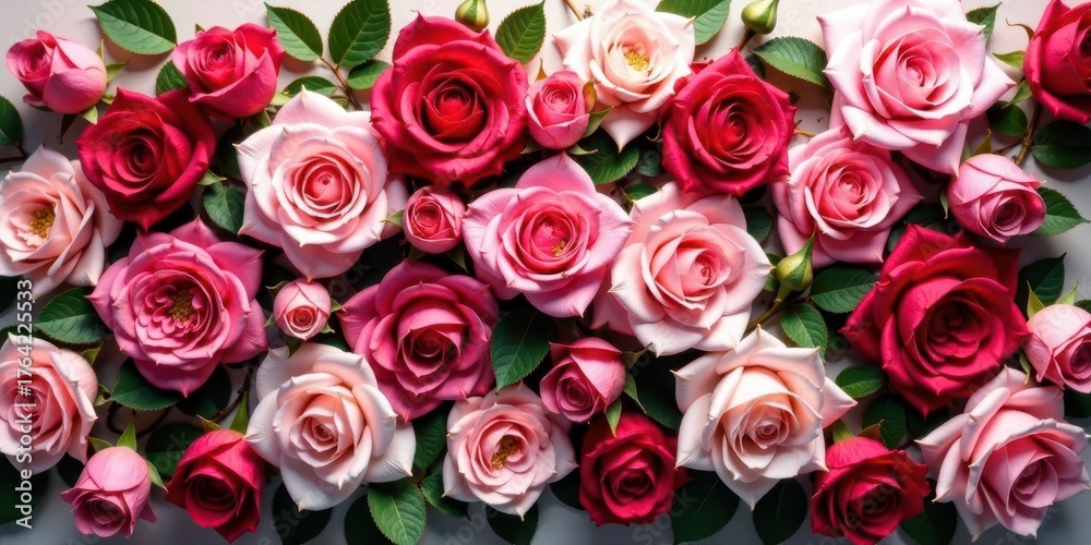 Obraz premium A lush arrangement of vibrant pink and deep crimson roses adorned with fresh green leaves, a captivating display of natural beauty and floral elegance, ready to enchant.