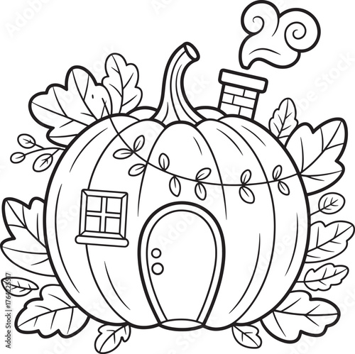 Whimsical pumpkin house line art for coloring and decoration line art royalty free stock photos premium quality